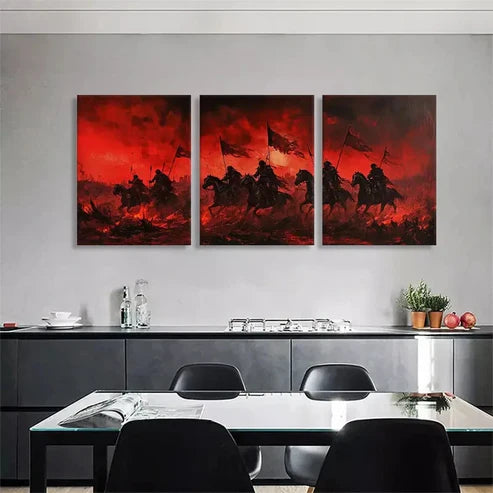 3pcs Red Warrior Cavalry Horsemen Flags Wall Art Canvas Unframed - High Quality Print 100% Australian Made Wall Canvas