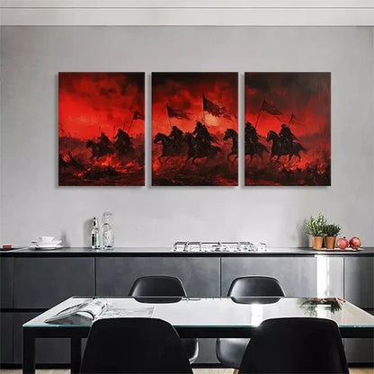 3pcs Red Warrior Cavalry Horsemen Flags Wall Art Canvas Unframed - High Quality Print 100% Australian Made Wall Canvas