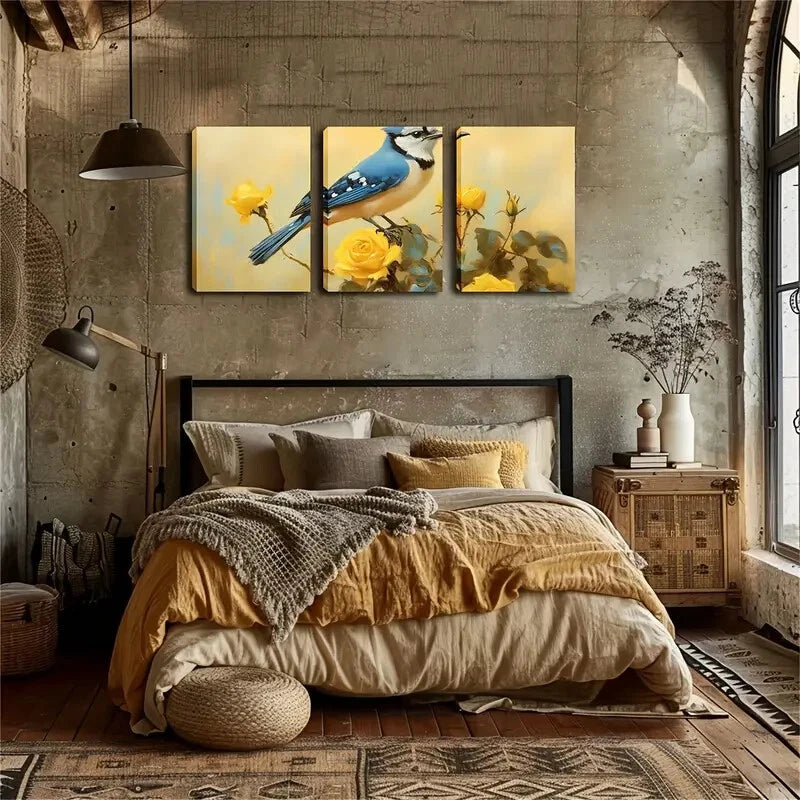 3pcs Crested Blue Jay Yellow Rose Branch Perfect Wall Art Set Canvas Framed 60x90cm - High Quality Print 100% Australian Made Wall Canvas Ready to Hang - Bella Home Decor