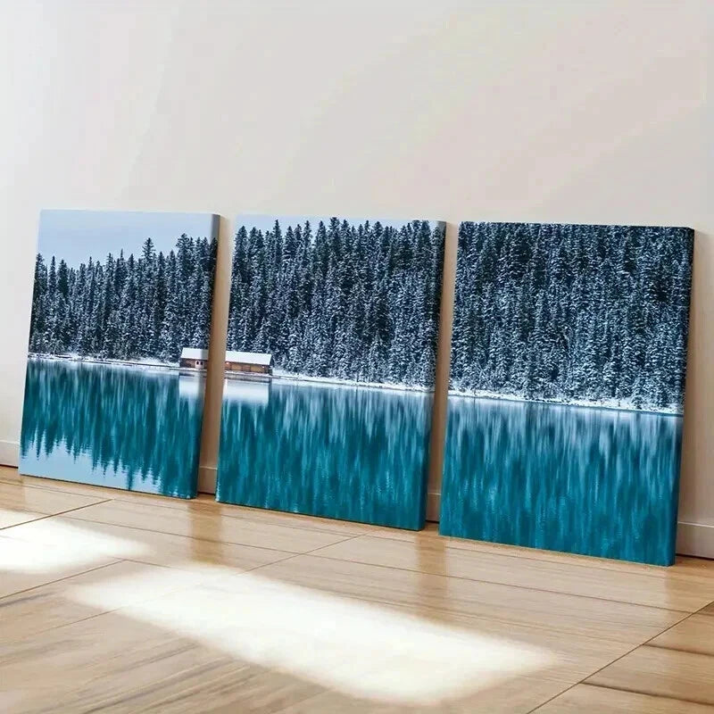 3pcs Snow Cabin Lake Forest Modern Wall Art Set Canvas Framed 40x60cm - High Quality Print 100% Australian Made Wall Canvas Ready to Hang - Bella Home Decor