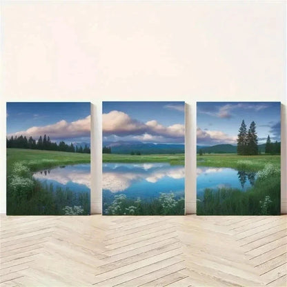 3pcs Green Meadow, Mountain, Lake, Pine Trees Wall Art Set Canvas Framed 60x90cm - High Quality Print 100% Australian Made Wall Canvas Ready to Hang