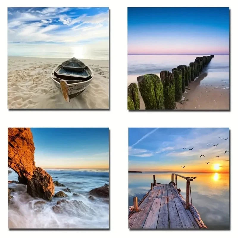 4pcs Ocean Beach Seaview Prints Wall Art Canvas Framed