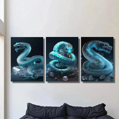 3pcs Blue Snake Decor with Crystal Accents Wall Art Canvas Unframed - High Quality Print 100% Australian Made Wall Canvas - Bella Home Decor