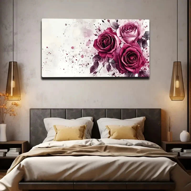 Roses Watercolor Splash Effect Wall Art Canvas Office Home Room Framed 120x60cm