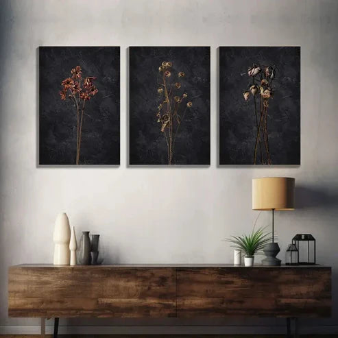 3pcs Dark Dried Wildflower Floral Botanical Wall Art Set Canvas Unframed - High Quality Print 100% Australian Made Wall Canvas - Bella Home Decor