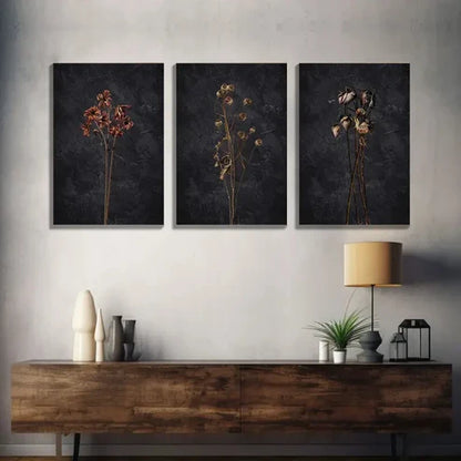 3pcs Dark Dried Wildflower Floral Botanical Wall Art Set Canvas Unframed - High Quality Print 100% Australian Made Wall Canvas - Bella Home Decor