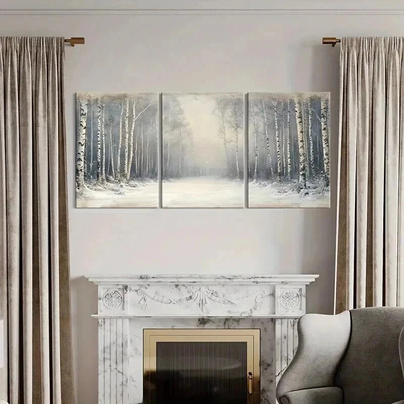 3pcs Misty Birch Trees with Snowy Path Wall Art Set Canvas Framed 50x70cm - High Quality Print 100% Australian Made Wall Canvas Ready to Hang - Bella Home Decor