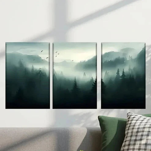 3pcs Misty Forest with Birds Flying Over Wall Art Canvas Unframed - High Quality Print 100% Australian Made Wall Canvas