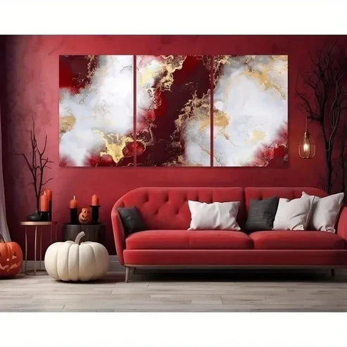3pcs Elegant Red & Golden Abstract Triptych Wall Art Canvas Unframed – High Quality Print 100% Australian Made Wall Canvas