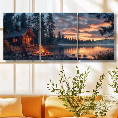 3pcs Tranquil Lake & Log Cabin Scene Wall Art Set Canvas Framed 40x60cm - High Quality Print 100% Australian Made Wall Canvas Ready to Hang - Bella Home Decor