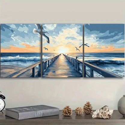 3pcs Seagulls Harbor Sunset Wall Art Set Canvas Framed 50x70cm - High Quality Print 100% Australian Made Wall Canvas Ready to Hang