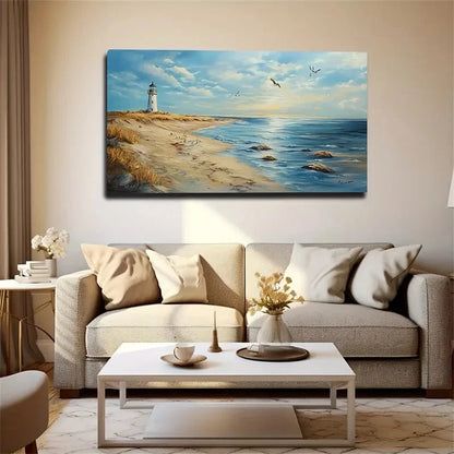 Lighthouse And Seagulls Seaside Wall Art Canvas Office Home Room Framed 120x60cm