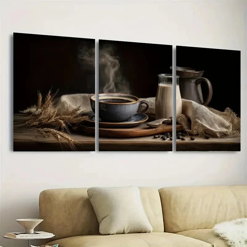 3pcs Vintage Coffee and Milk Realistic Wall Art Set Canvas Framed 50x70cm - High Quality Print 100% Australian Made Wall Canvas Ready to Hang - Bella Home Decor