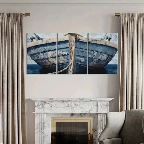 3pcs Blue Wooden Boat & Rope Design Wall Art Canvas Unframed - High Quality Print 100% Australian Made Wall Canvas - Bella Home Decor