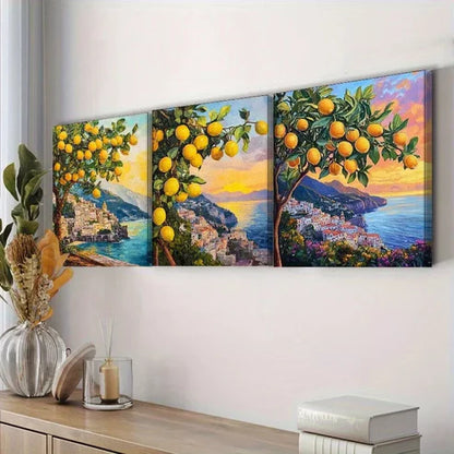 3pcss Lemon Tree In A Coastal Area Wall Art Set Canvas Framed 60x90cm - High Quality Print 100% Australian Made Wall Canvas Ready to Hang
