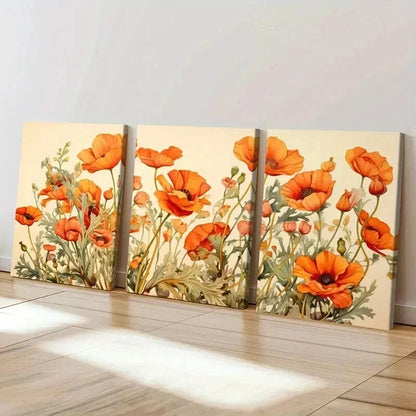 3pcs Nature Landscape Orange Flowers Wall Art Set Canvas Framed 60x90cm - High Quality Print 100% Australian Made Wall Canvas Ready to Hang - Bella Home Decor