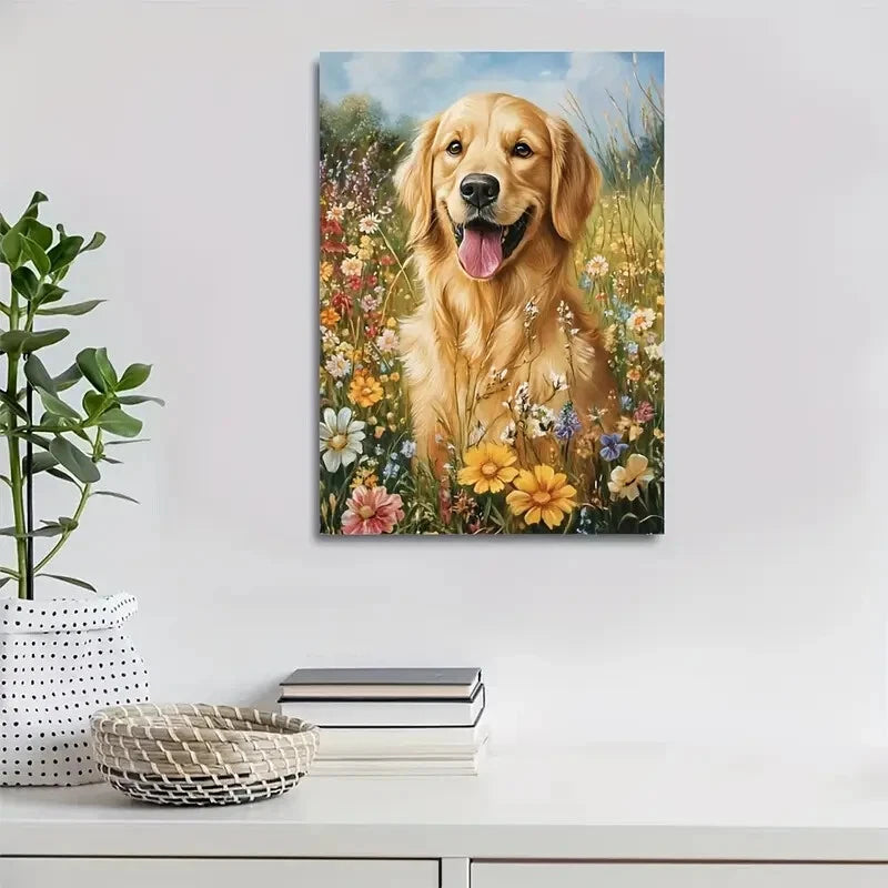 Golden Retriever Dog with Vibrant Flowers Painting 40x60cm Metal Print Ready to Hang - Bella Home Decor