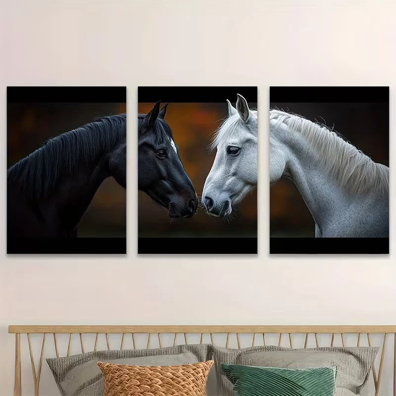 3pcs Couple Horses Black White Metal Print Ready to Hang Art - Bella Home Decor