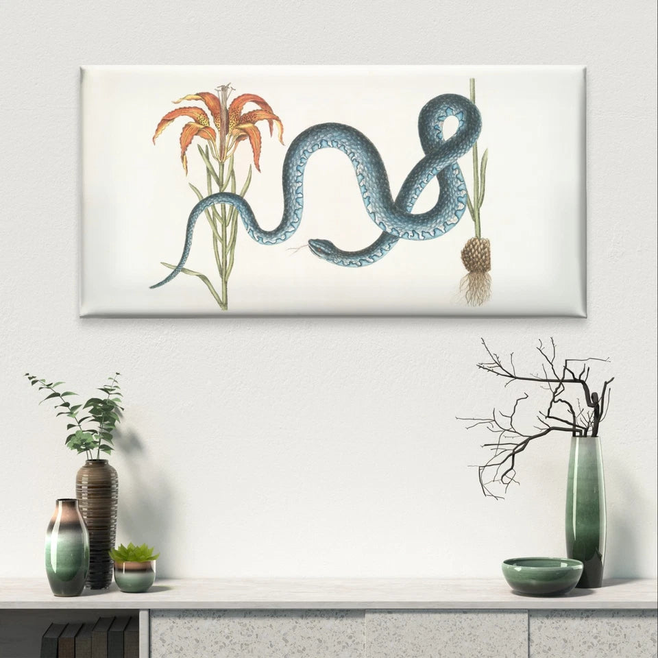 Vintage Blue Snake & Lily Botanical Wall Art Canvas Office Home Framed 120x60cm