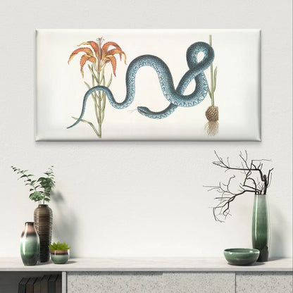 Vintage Blue Snake & Lily Botanical Wall Art Canvas Office Home Framed 120x60cm