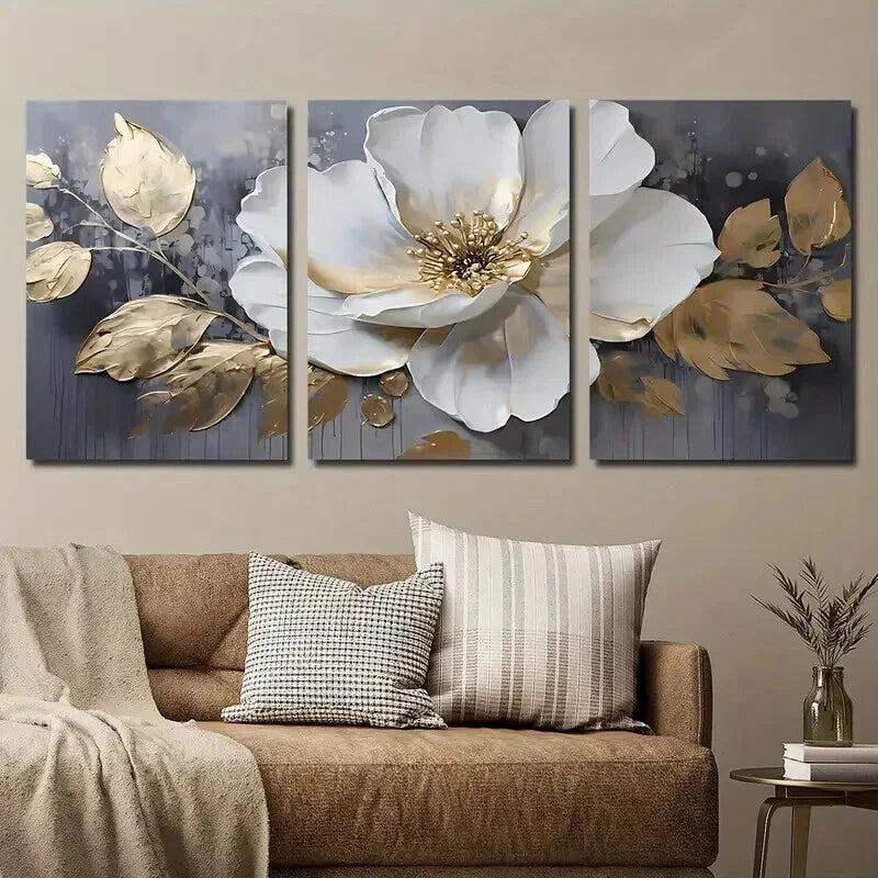 3pcs Elegant White & Golden Flowers Perfect Wall Art Set Canvas Framed 50x70cm - High Quality Print 100% Australian Made Wall Canvas Ready to Hang. - Bella Home Decor