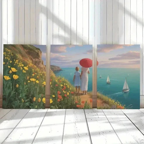 3pcs Seaside Cliff, Wildflowers Wall Art Canvas Unframed - High Quality Print 100% Australian Made Wall Canvas
