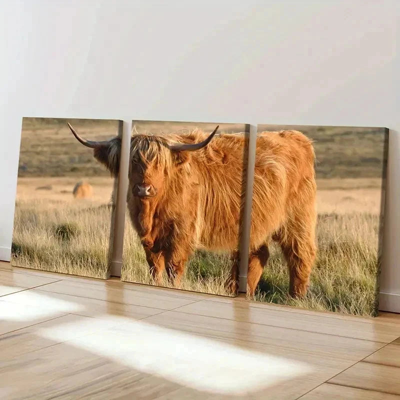 3pcs Cow in a Grassland Modern Painting Wall Art Set Canvas Framed 50x70cm - High Quality Print 100% Australian Made Wall Canvas Ready to Hang - Bella Home Decor