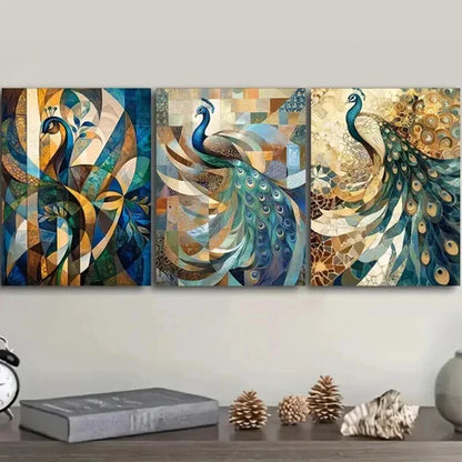 3pcs Featuring a Peacock Displaying Feathers Wall Art Set Canvas Unframed - High Quality Print 100% Australian Made Wall Canvas