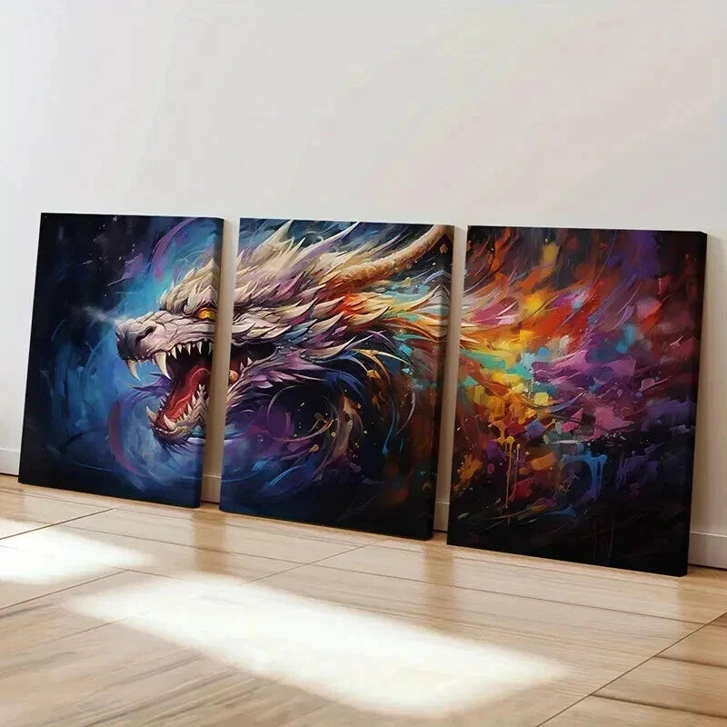 3pcs Abstract Dragon with Fiery Breath Wall Art Set Canvas Framed 50x70cm - High Quality Print 100% Australian Made Wall Canvas Ready to Hang - Bella Home Decor