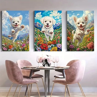 3pcs Charming Puppy in Flower Meadow   Wall Art Canvas  Framed 60x90cm - High Quality Print 100% Australian Made Wall Canvas Ready to Hang - Bella Home Decor