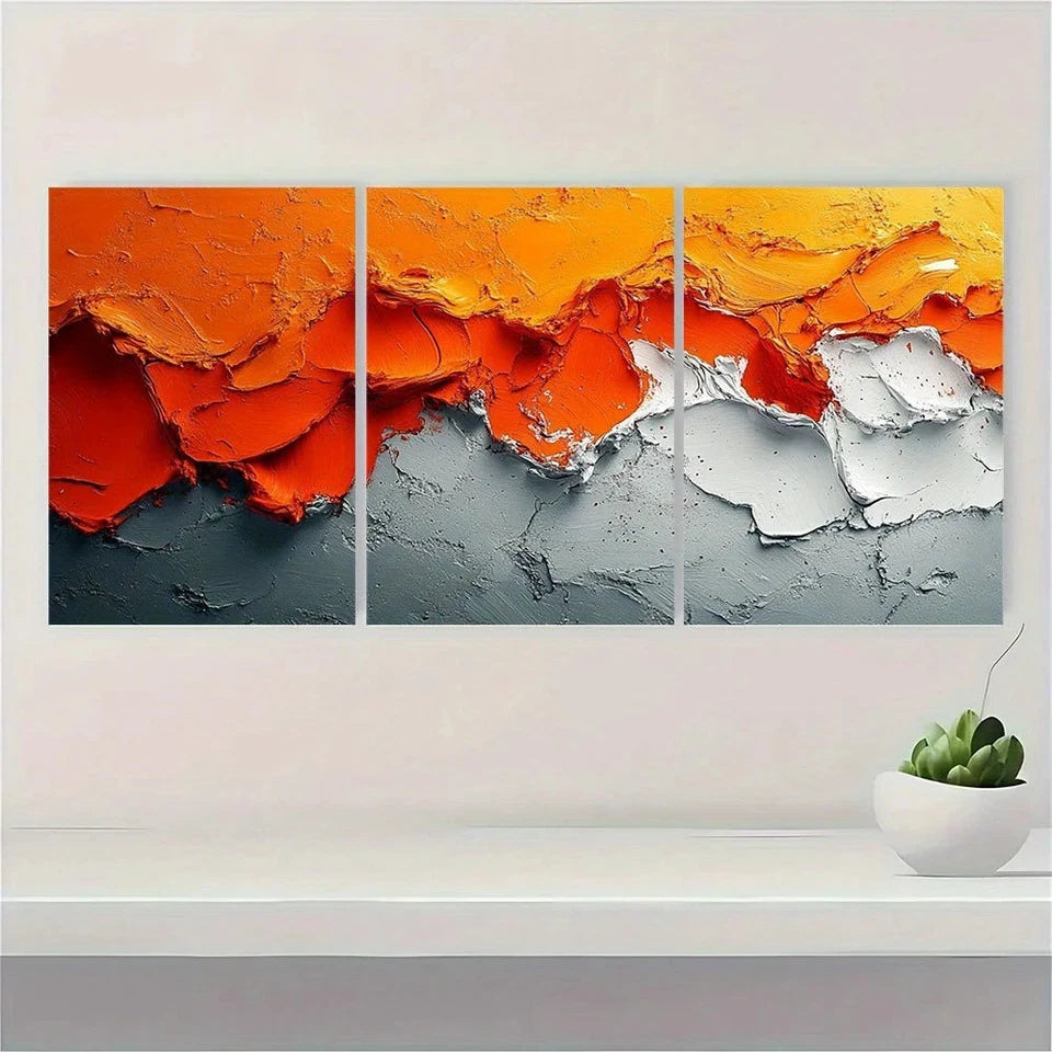 3pcs Vibrant Orange Beige Gray Textured Design Metal Print Ready to Hang Art