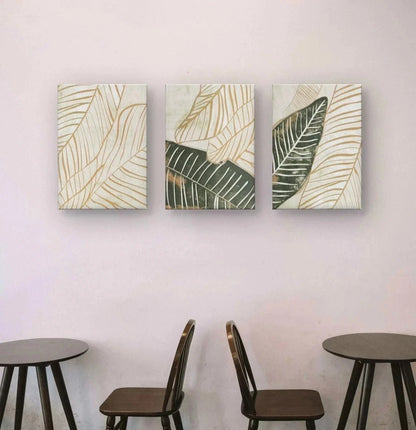 3pcs Modern Neutral Botanical Leaf Line Art Wall Art Set Canvas Framed 50x70cm - High Quality Print 100% Australian Made Wall Canvas Ready to Hang