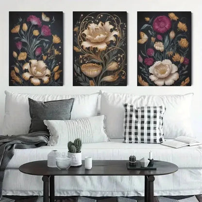 3pcs Golden Flowers, Butterflies Canvas Wall Art Canvas Unframed - High Quality Print 100% Australian Made Wall Canvas - Bella Home Decor
