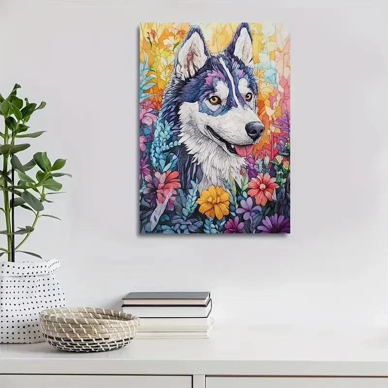 Vibrant Siberian Husky with Flowers Painting 40x60cm Metal Print Ready to Hang - Bella Home Decor