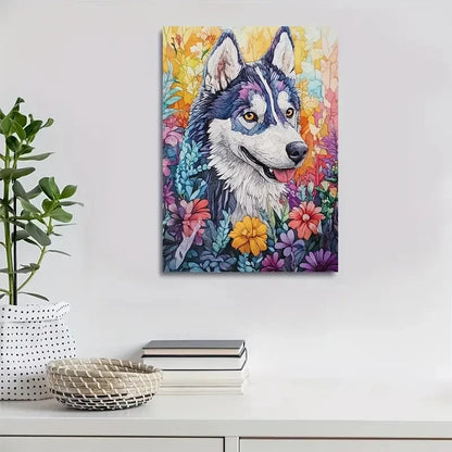 Vibrant Siberian Husky with Flowers Painting 40x60cm Metal Print Ready to Hang - Bella Home Decor