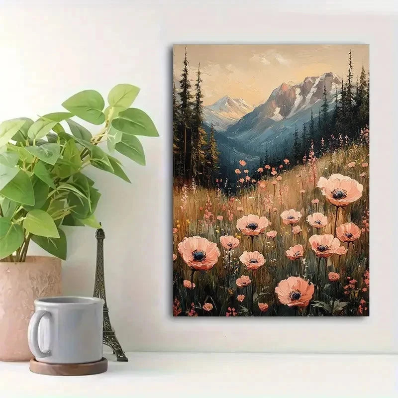 Beautiful Pink Wildflower Meadow Painting 40x60cm Metal Print Ready to Hang