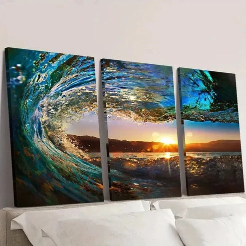 3pcs Huge Wave Tides And Sunset Landscape Wall Art Set Canvas Unframed - High Quality Print 100% Australian Made Wall Canvas