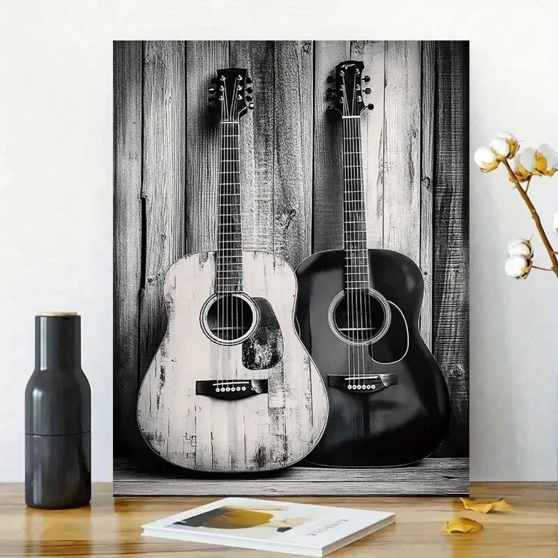 Black And White Photograph of Two Acoustic Guitars 40x60cm Metal Print Ready to Hang