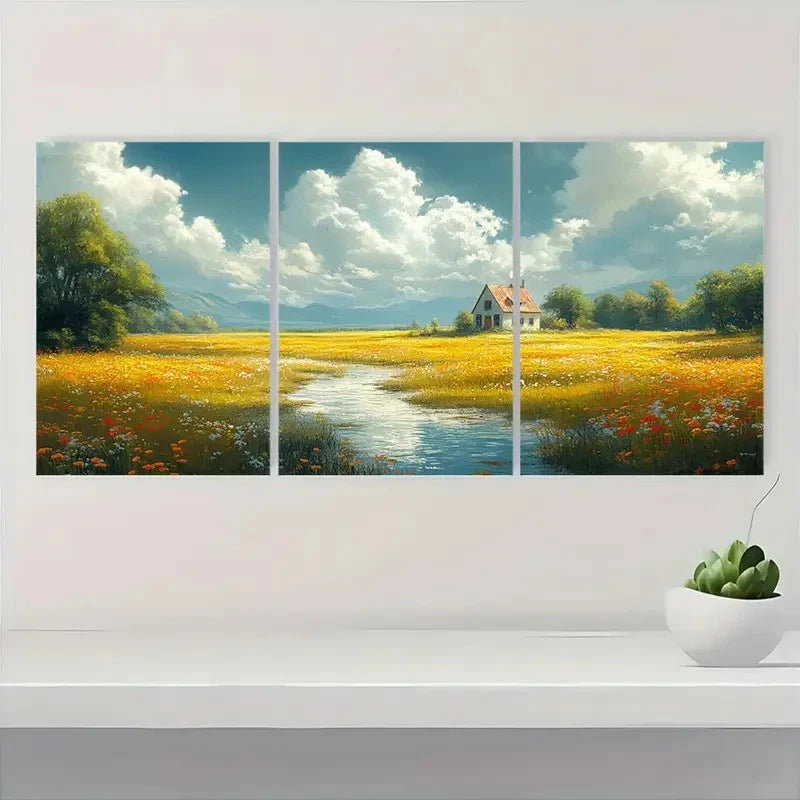 3pcs Antique Country Painting with Serene  TU Wall Art Set Canvas Framed 60x90cm - High Quality Print 100% Australian Made Wall Canvas Ready to Hang - Bella Home Decor