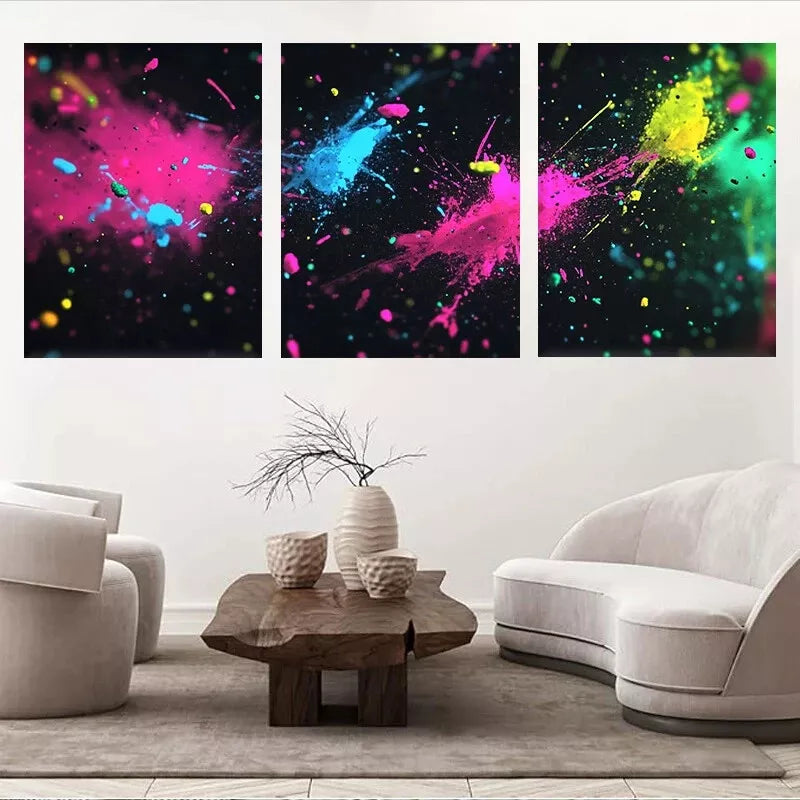 3pcs Vibrant Abstract Neon Paint Splash Wall Art Set Canvas Framed 50x70cm - High Quality Print 100% Australian Made Wall Canvas Ready to Hang