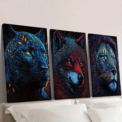 3pcs Panther Wolf & Lion Neon Jungle Beast Wall Art Set Canvas Unframed - High Quality Print 100% Australian Made Wall Canvas
