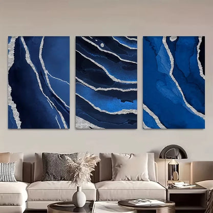3pcs Navy Blue and Silvery Paintings  Wall Art Set Canvas Framed 40x60cm - High Quality Print 100% Australian Made Wall Canvas Ready to Hang