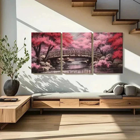 3pcs Japanese Style Cherry Blossom Tree & River Wall Art Canvas Unframed - High Quality Print 100% Australian Made Wall Canvas