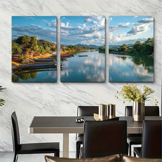3pcs Thai Village Scenery Traditional Perfect Wall Art Set Canvas Framed 40x60cm - High Quality Print 100% Australian Made Wall Canvas Ready to Hang