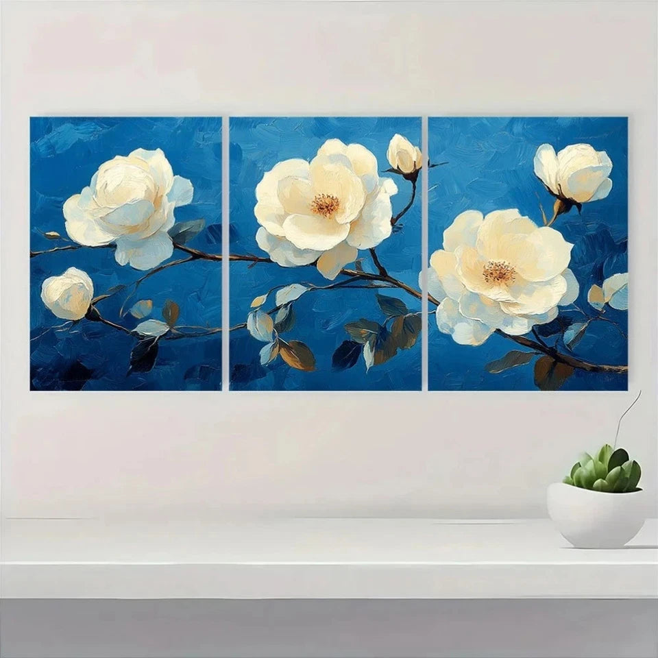 3pcs Gogh White Roses Vintage Style Metal Print Ready to Hang Art - Bella Home Decor