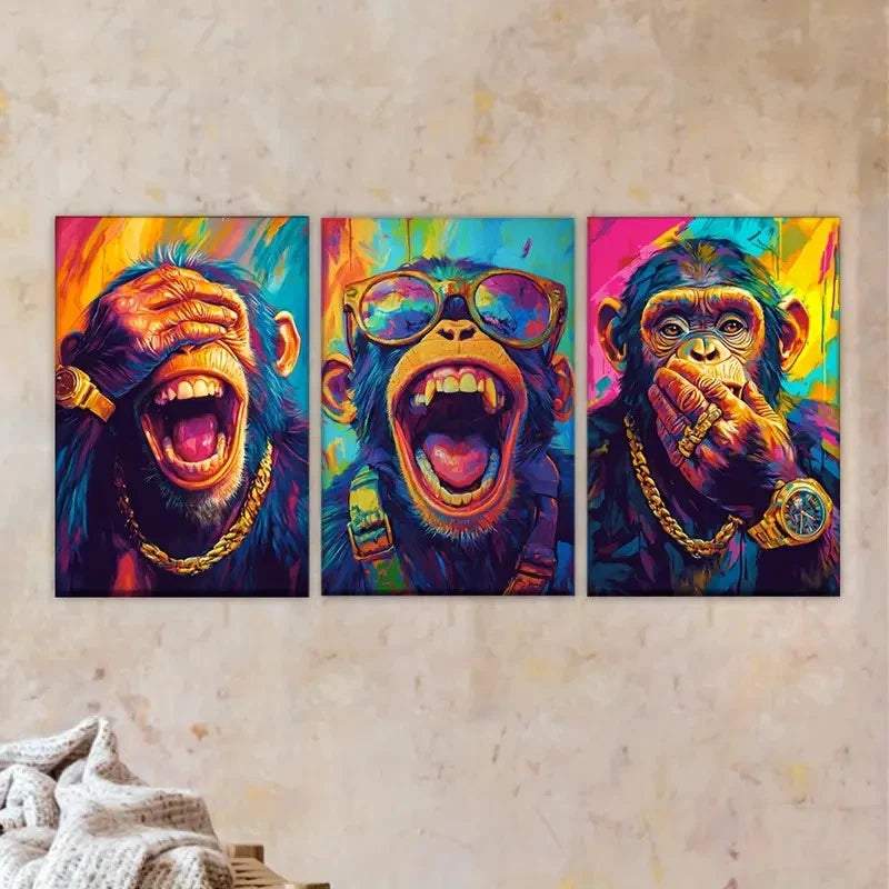3pcs Three Open Monkey Paintings Metal Print Ready to Hang Art
