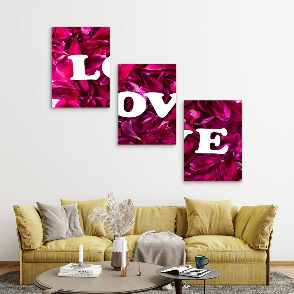 3pcs Love From Carved Letters Petals Metal Print Ready to Hang Art
