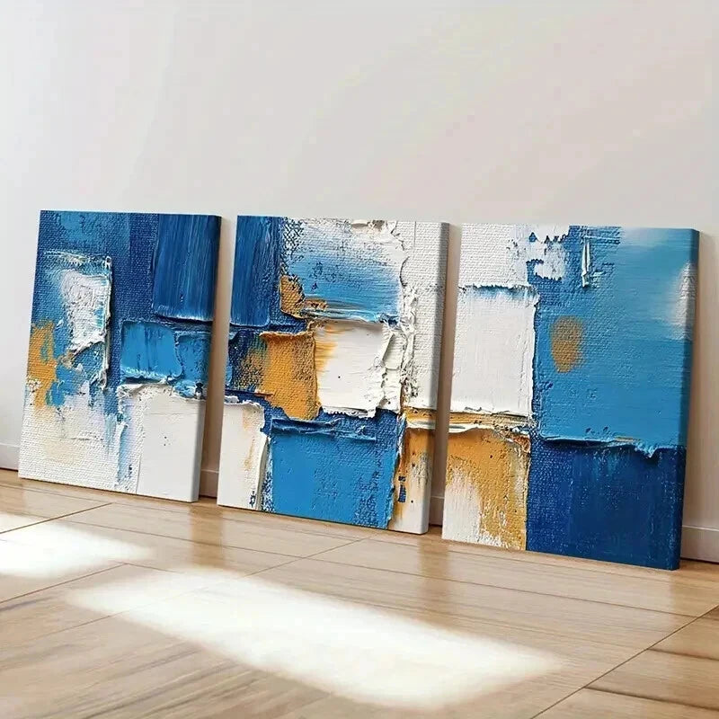 3pcs Abstract Blue Textured Geometric Wall Art Set Canvas Framed 50x70cm - High Quality Print 100% Australian Made Wall Canvas Ready to Hang - Bella Home Decor