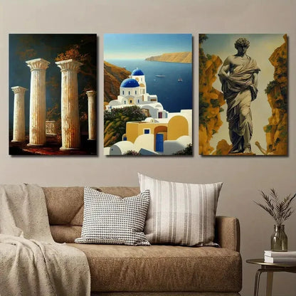 3pcs Santorini Island Landscape Statue Perfect Wall Art Set Canvas Framed 40x60cm - High Quality Print 100% Australian Made Wall Canvas Ready to Hang - Bella Home Decor