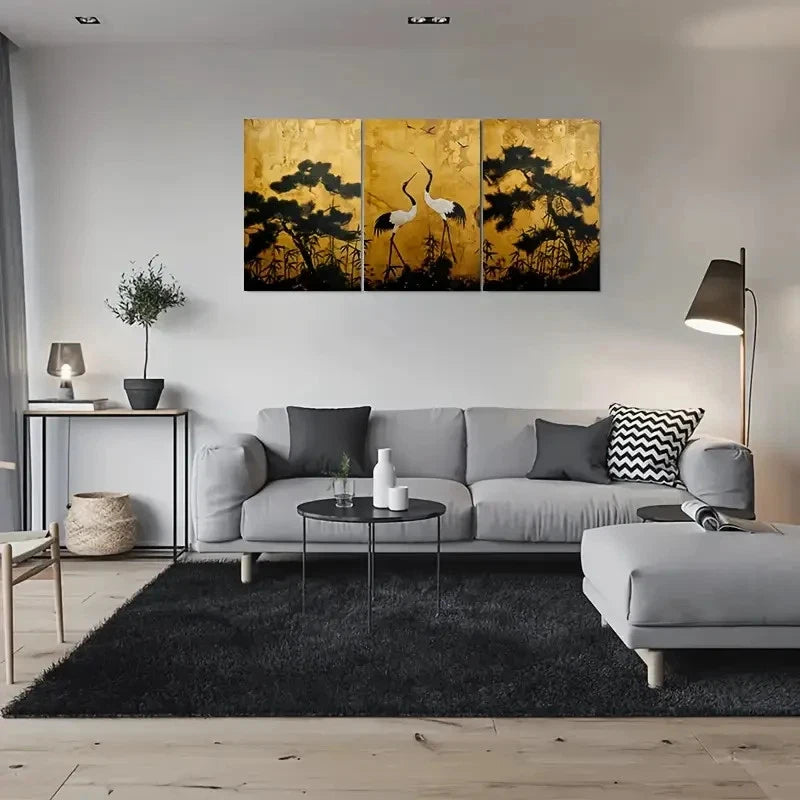 3pcs Golden Asian Crane Landscape Triptych Wall Art Set Canvas Framed 40x60cm - High Quality Print 100% Australian Made Wall Canvas Ready to Hang - Bella Home Decor